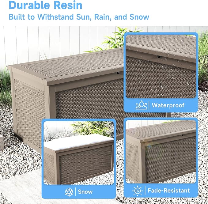 310 Gallon Lockable Outdoor Storage Box – Waterproof Resin Deck Box for Patio Furniture, Garden Tools, Pool Accessories (Gray)