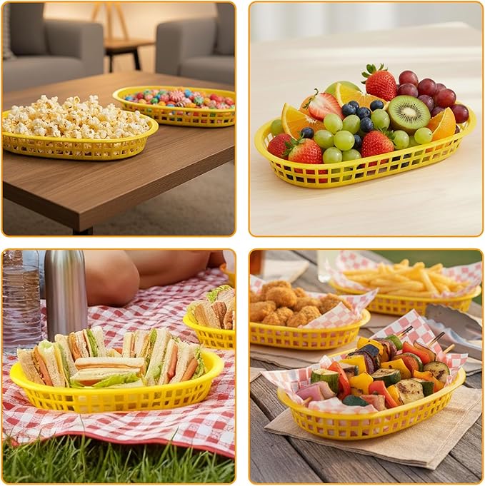 Fast Food Baskets 16-Pack, 10 x 6 Inch Plastic Oval Serving Baskets for Burgers,Bread, Fries & Sandwiches, Restaurant Diner Cafeteria Food Truck Party Use, Reusable&Stackable(Yellow)