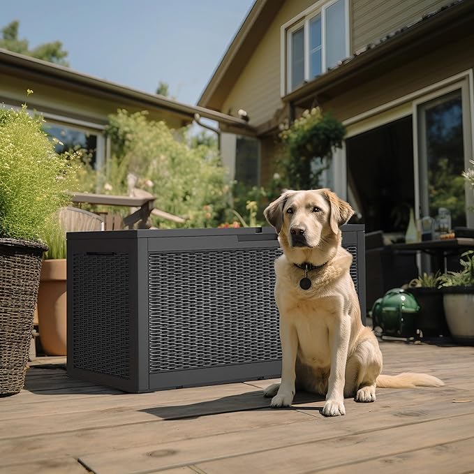DRATO 100 Gallon Large Deck Box, Outdoor Storage Box for Patio Furniture, Patio Cushions, Gardening Tools, Pool Supplies,660lbs Weight Capacity,Waterproof Resin Storage Boxes（Black，100 Gallon）