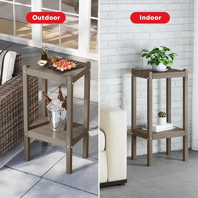 Costaelm Outdoor Side Table, 2-Tier Small Patio Coffee Tables for Outside, Outdoor End Tables for Patio, Adirondack Side Table for Outside, Outside Table for Pool, Porch, Garden, Weathered Wood