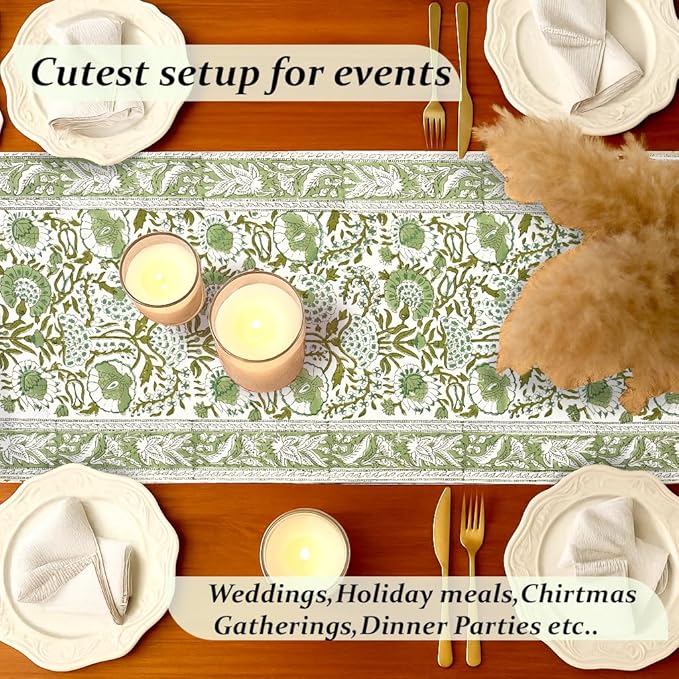 CPC Cotton Table Runner 16x72 Inch Block Printed Long Fall Table Runner for Dining Table, Card Table, Coffee Table, Wedding, Farmhouse & Outdoor Barbeque-Agate Green