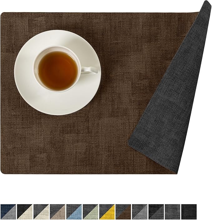Romanstile Reversible Vinyl Placemats Set of 4, Faux Leather 100% Waterproof Oil-Proof Wipeable Place Mats, Heat Resistant Dual Sided Table Mats for Kitchen/Dining/Party (Grey Brown, 12 x 17 Inch)