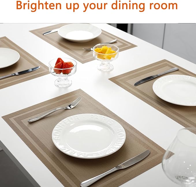 Placemats Set of 6 Washable&Wipeable Place mats for Dining Table Kitchen Indoor Outdoor Table Mats Heat Resistant Non Slip Woven Vinyl Table Placemats (Khaki，6PCS)
