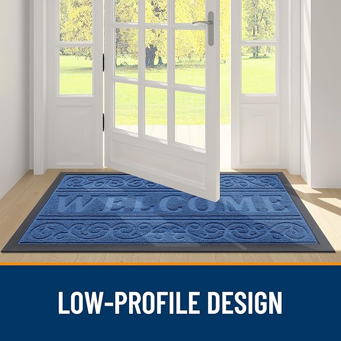 OLANLY Welcome Door Mat Indoor Outdoor Entrance, Heavy Duty Sturdy Front Door Mat, Waterproof All-Weather Doormat, Stain Resistant, Low Profile, Easy Clean Patio Entryway Mat, 29.5 x 17, Blue