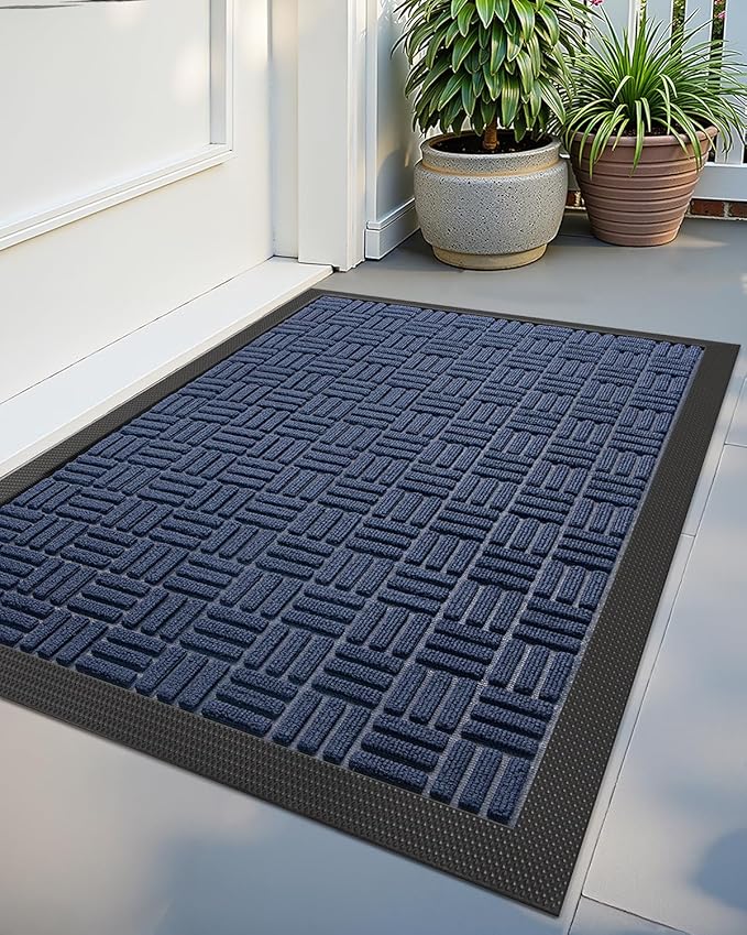 Color&Geometry Front Door Mat Outside Entrance, Heavy Duty Non Slip Low Profile Doormat for Entryway, Trap Dirt and Moisture Welcome Mats All-Weather, Easy Clean, Patio, Garage, 17"x30" Blue