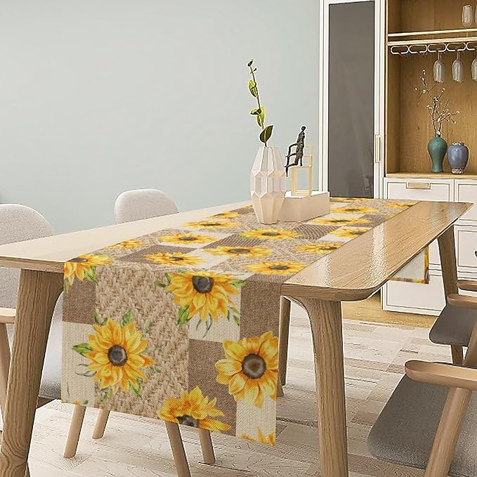Farmhouse Sunflower Table Runner, Rustic Vintage Linen Patchwork Summer Yellow Floral Table Cover for Bithday Party Home Kitchen Dining Room Decor, 13x90inch