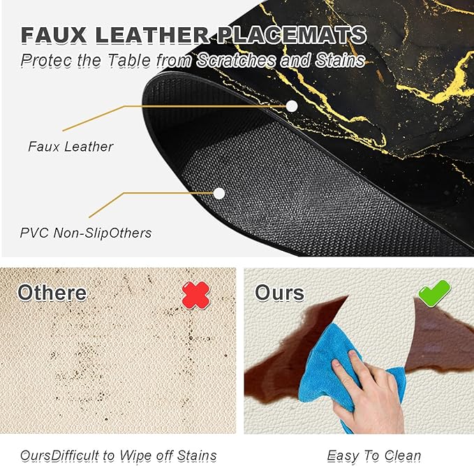 Marble Placemats Set of 4 - Faux Leather Heat Resistant Placemats for Dinner Table, Non-Slip Waterproof Oil-Proof Washable Reusable Placemat for Indoor Outdoor Kitchen Decor, 15.75In*11.81In