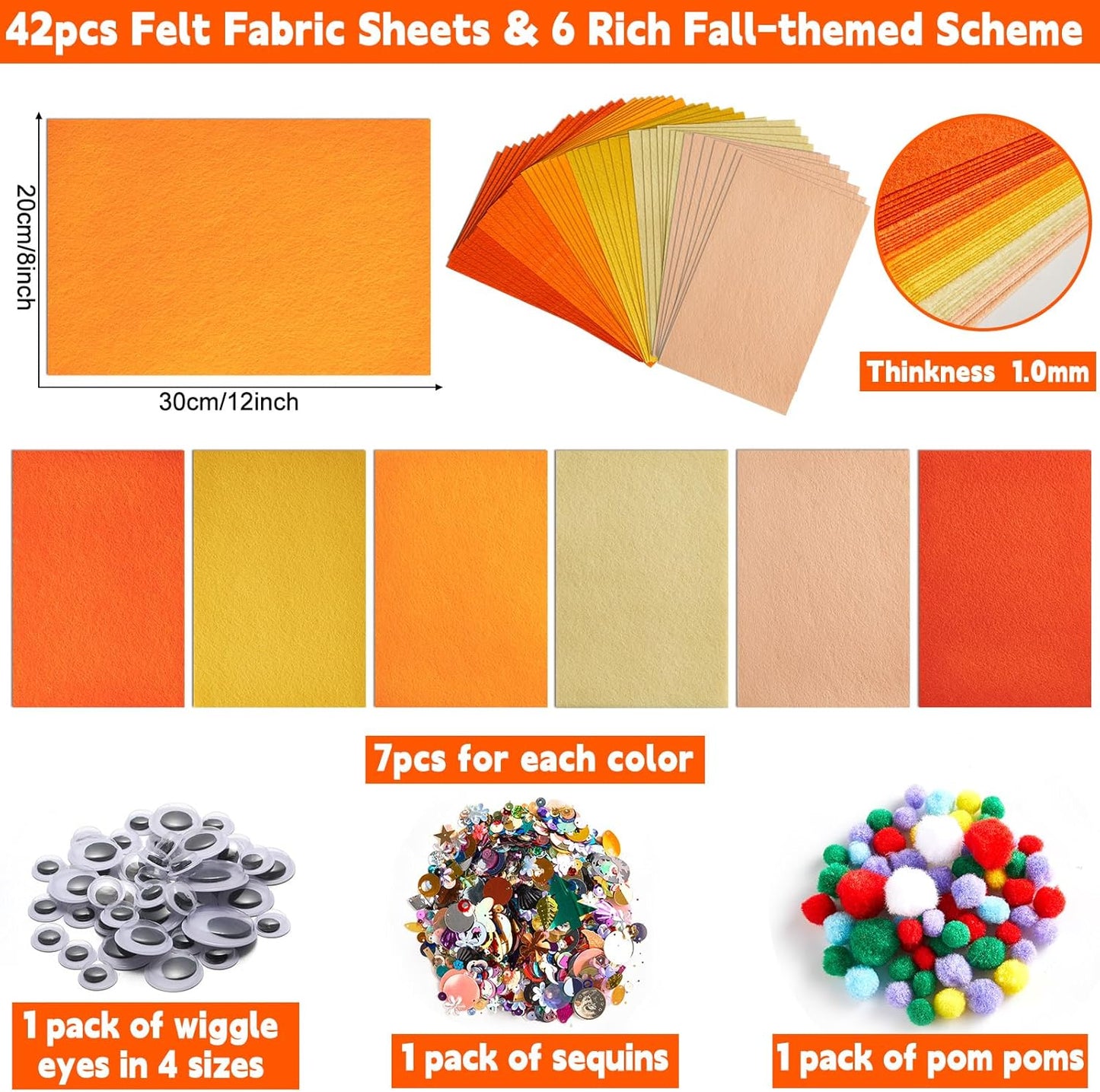 42Pcs Fall Felt Fabric Sheets 8 x 12 Inch Thanksgiving Yellow Orange Assorted Soft Thick Felt Pack with Wiggle Google Eyes Pom Poms Glitter Patchwork for Autumn DlY Sewing Creative Art Project Decor