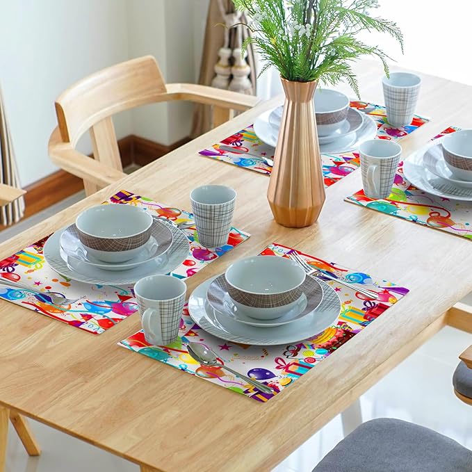 Giwawa Happy Birthday Placemats, Bithday Cake Gifts Decorative Table Mat Set of 4, Colored Flags Balloons Confetti Place Mats 12"x18" for Kitchen Dining Party, Heat Resistant Washable Non-Slip