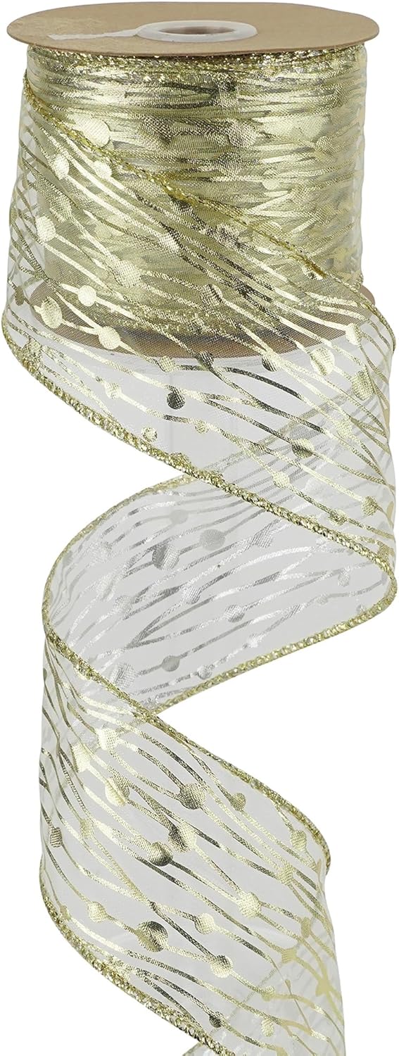 MEEDEE Gold Wired Ribbon - 2.5 Inch Sheer Organza With Horizontal Stripes and Polka Dots - 25 Yards for Gift Wrapping, Garland