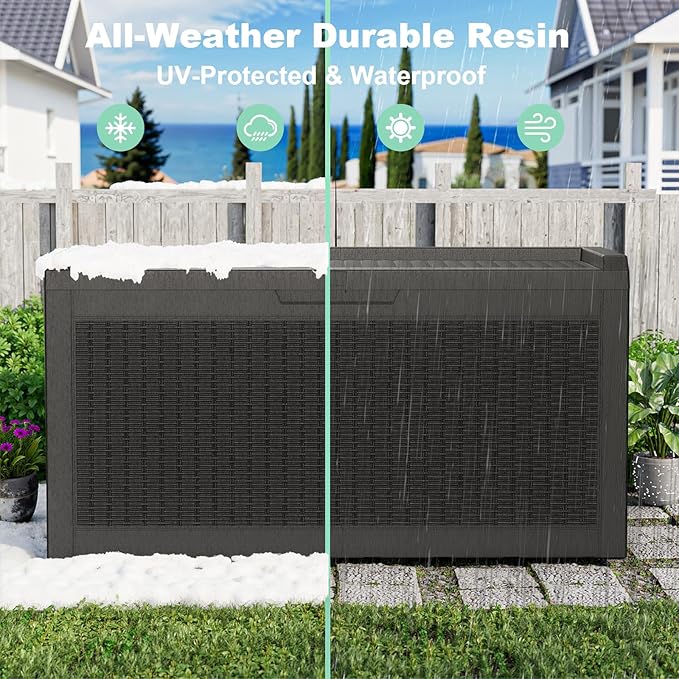 60 Gallon Waterproof Resin Deck Box, UV Resistant Outdoor Storage for Garden, Patio, Porch, Delivery, Black