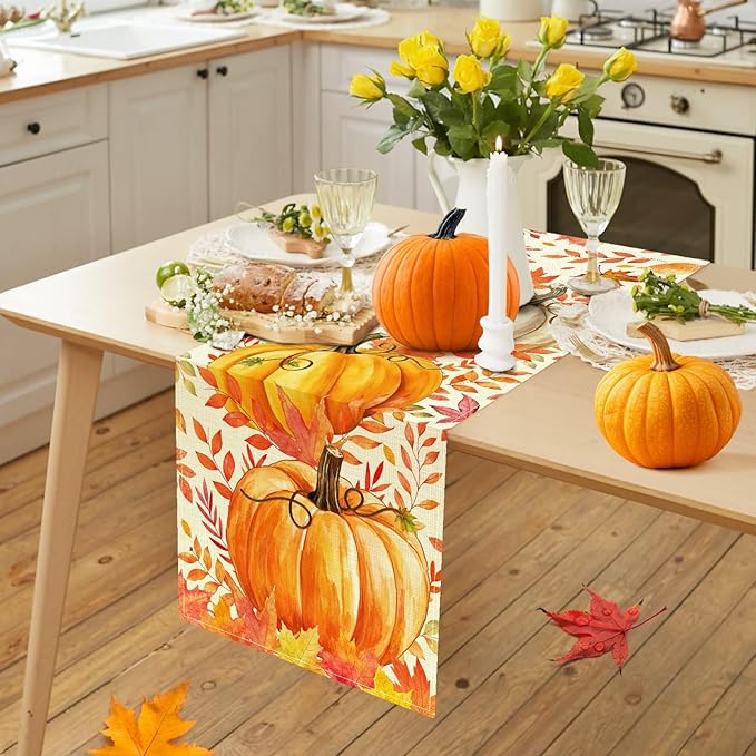 Pumpkin Fall Table Runner, Maple Leaf Autumn Thanksgiving Kitchen Table Decorations for Home Party Decor 13×72 Inches