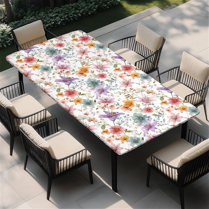 Rectangle Table Cloth Cover Waterproof Elastic Fitted Polyester Fitted Tablecloths for 6 Foot Tables for Indoor,Picnic, Camping, Outdoor （60" x 30"，Flower）