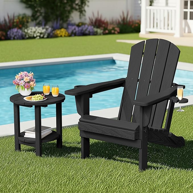 SERWALL Round Outdoor Side Table, HDPE Small Adirondack End Table,2-Tier Patio Side Table for Backyard Pool Porch Garden Lawn, Black