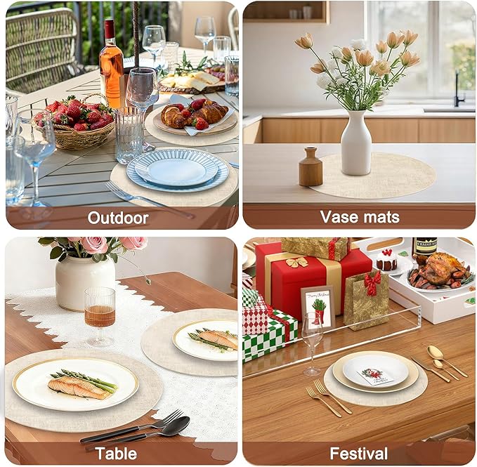Round Faux Leather Placemats and Coasters, Set of 6, Reversible Heat Resistant Non-Slip Table Mats, Waterproof Wipeable Place Mats for Dining Table, Washable for Indoor & Outdoor (6, Beige)