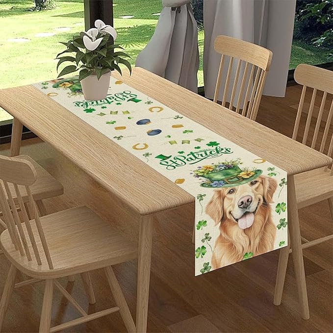 St.Patrick's Day Table Runner,Sharmrock Dog Hat Golden Retriever Beige Rustic Table Center Decor for Home Kitchen Dining Patio Holiday Party Indoor Table Decorations, 13"x90"