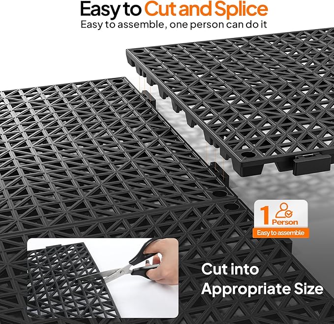 Bonnlo Black Interlocking Floor Tile, 12''*12'' Anti-Fatigue Floor Mat, Restaurant Drainage Kitchen Mat, Cushioned Flooring Mat, Non-Slip Garden Tile for Poolside, Wet Area, Deck and Bathroom Use