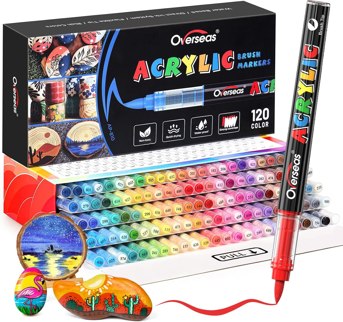 Overseas Acrylic Paint Markers 120 Colors, Brush Tip Paint Pens with Automatic Ink Control System, Quick Drying Liquid Ink Acrylic Marker for Rock, Wood, Canvas, Glass, Fabric, Metal, Plastic, Rubber