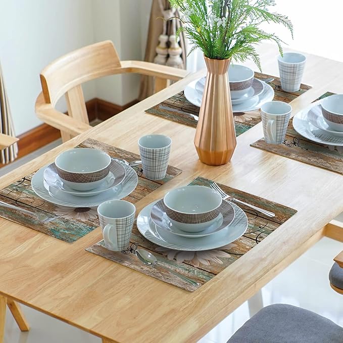Giwawa Rustic Daisy Board Placemats- White Sunflowers on Vintage Wood Plank Linen Table Place Mat- Farmhouse Wooden Non-Slip Heat Resistant Table Mats for Dining Kitchen Cabin Lodge Decor