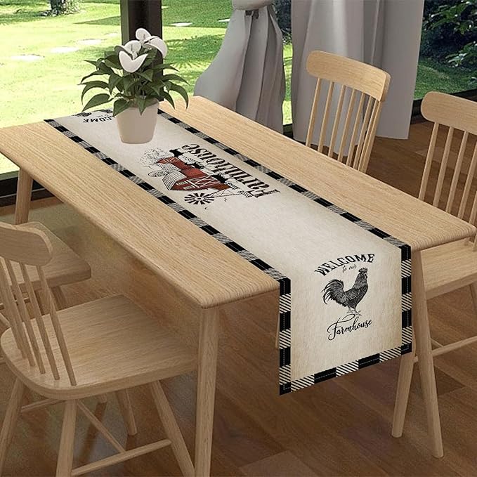 Farm Animals Table Runner, Rustic Farmhouse Cow Pig Rooster Watercolor Coffee Table Center Decor for Home Kitchen Dining Patio Holiday Party Indoor Outdoor Table Decorations, 13"x90" Inch