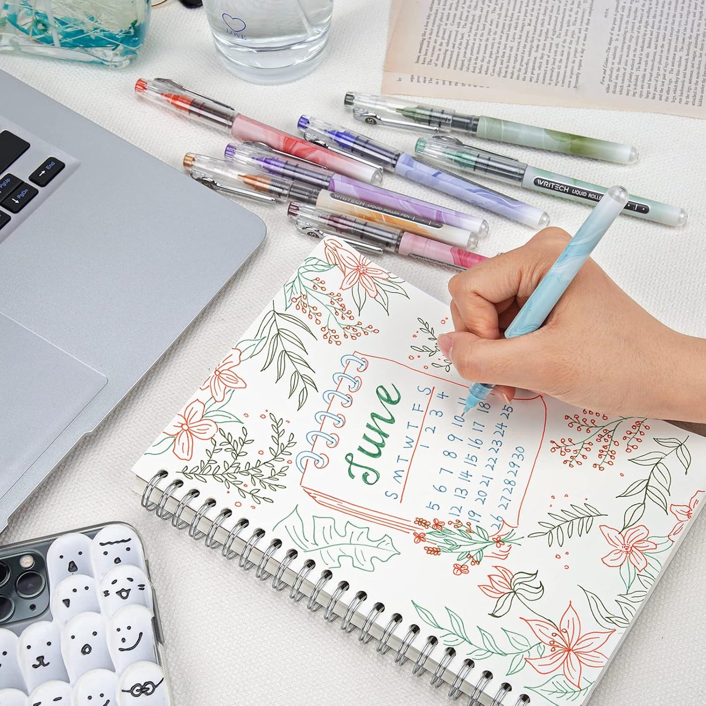 WRITECH Liquid Ink Rollerball Pens: Multi Colored 0.5mm Extra Fine Point Tip Rolling Roller Ball Pen 8ct Assorted Colors for Journaling Smooth Writing Note Taking No Bleed & Smudge & Smear