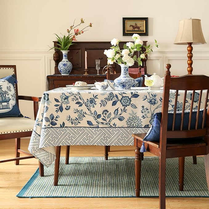 Vintage Blue and White Extra Long Rectangle Tablecloth,French Linen Floral Wrinkle Free Tablecloths,Decor Table Cover for Kitchen,Dining,Party,Thanksgiving,Christmas,67"*118"-Suqing