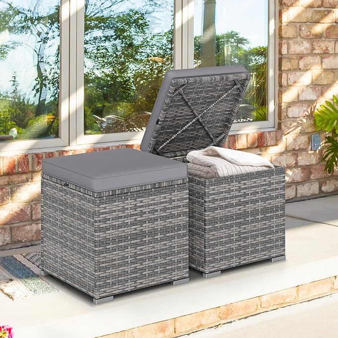 Tangkula 2 Pieces Patio Ottomans, Patiojoy Hand-Woven PE Rattan Side Table with Removable Cushion & Hidden Storage Space, Multifunctional Storage Box, Seat for Patio, Backyard, Poolside (Light Grey)
