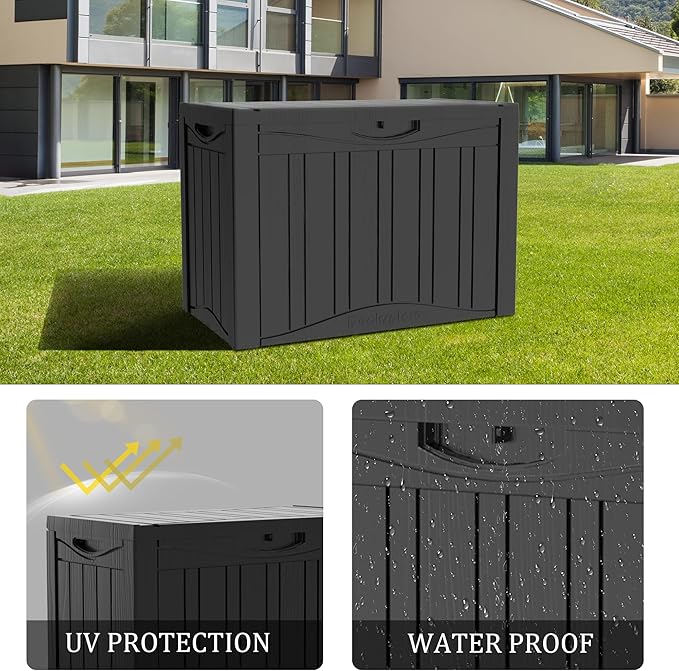 50 Gallon Plus Resin Deck Box, Waterproof Outdoor Storage Box for Patio, Poolside, and Garden, Lockable UV-Resistant Storage Bin Bench Cabinet for Small Spaces, Black