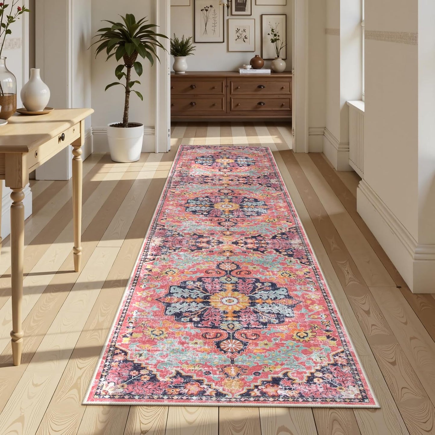 Lahome Boho 2'8"x10' Washable Hallway Kitchen Runner Rugs with Rubber Backing, Bohemian Non-Slip Soft Kitchen Runners, Non-Shedding Faux Wool Stair Carpet Runner for Hall Bathroom, Fuchsia/Multi