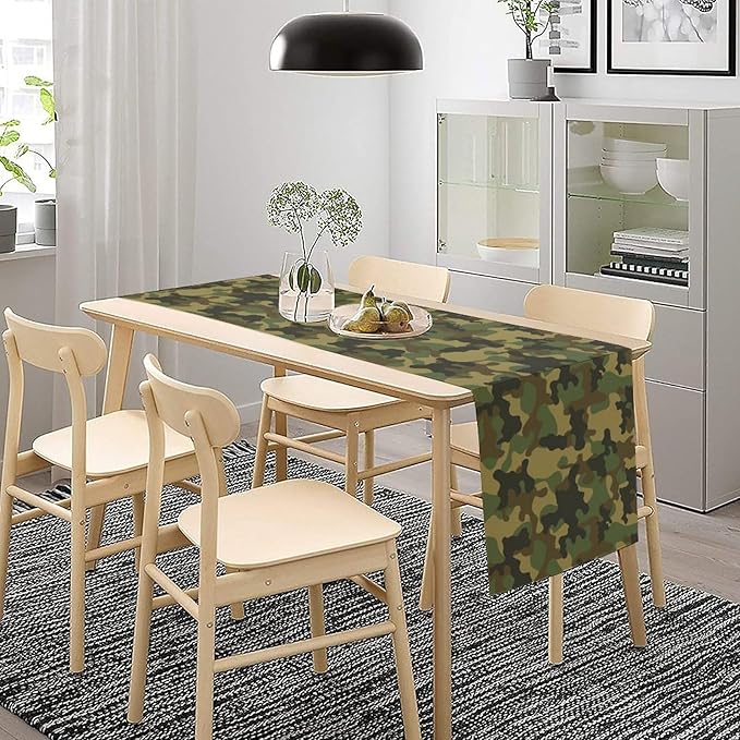 Camo Table Runner, Military Camouflage Coast Guard Force Soldier Hunting Themed Table Runner for Holiday Birthday Party Home Kitchen 13x60in