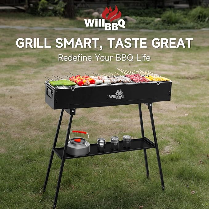 WILLBBQ Charcoal Grills Commercial Quality Portable Hibachi BBQ Folded Camping Barbecue Grill for Backyard Party Outdoor Cooking Use，Perfect Christmas Gifts for Dad (31.6x7.1x5.1 inch), BLACK