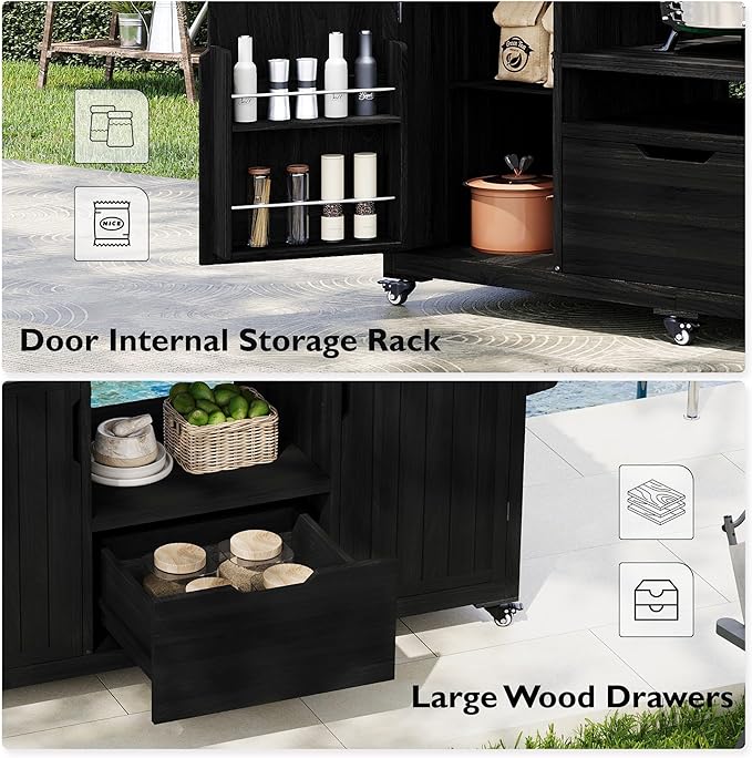 66.5" Outdoor Kitchen Island with Stainless Steel Top for Big Green Egg, Rolling Grill Cart with Adjustable Shelves, Lockable Wheels, Outdoor Table and Bar Storage Cabinet for Patio