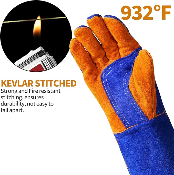 Leather Welding Gloves - Thick Premium Cow Split Leather, Heat Resistant, Welding, Grilling, BBQ & Fireplace