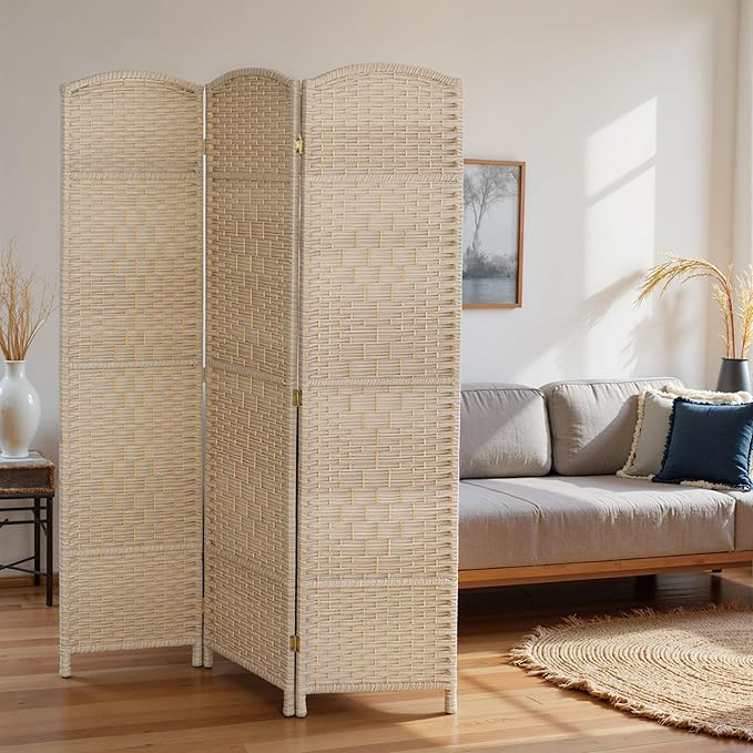 HOMCOM 3 Panel Room Divider, 6' Tall Folding Privacy Screen, Hand-Woven Freestanding Wall Partition for Home Office, Bedroom, Washed Oak
