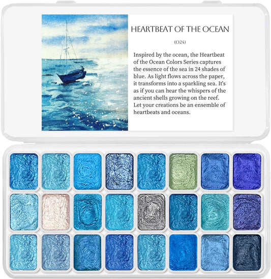Mini Glitter Watercolor Paint Set with Paper, 24 Colors Shimmer Metallic Watercolour Painting Sets, Solid Pearl Water Color Paints for Adult, Kids, Blue 1ml Trial Pack(Heartbeat of the Ocean)