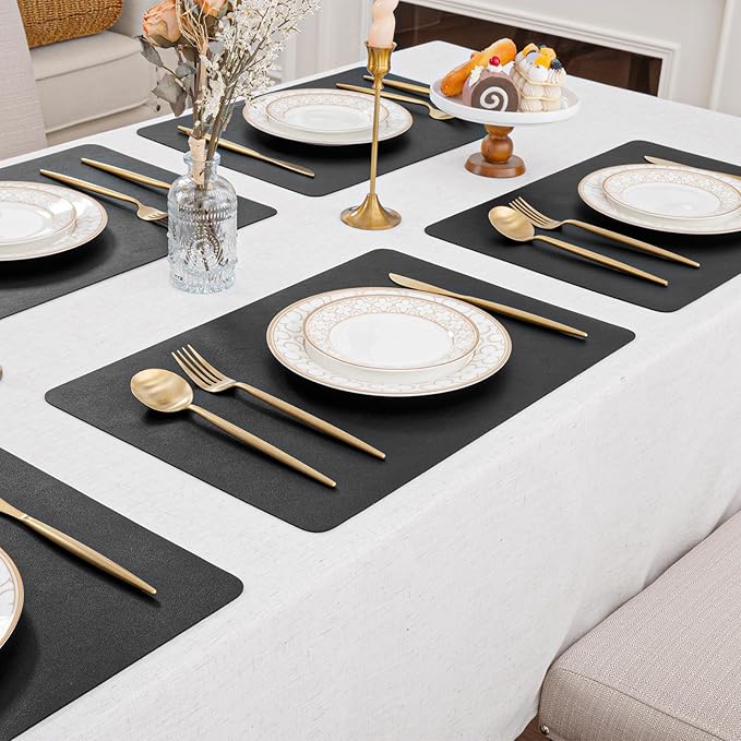 SHACOS Placemats Set of 6 Faux Leather Waterproof Leakproof Wipeable PU Non-Slip Vinyl Place Mats Heat Resistant Table Mats for Kitchen Dining Table Indoor Outdoor, Black