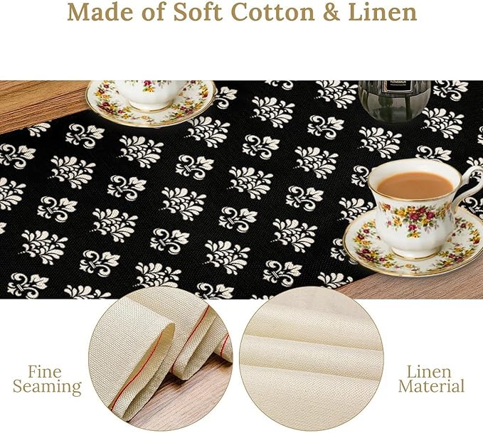 Damask Table Runner, Antique Gothic Black Floral Boho Flower Pattern Rustic Vintage Retro Coffee Table Center Decor for Kitchen and Dining Outdoor Home Country Party Table Decorations, 13"x90"