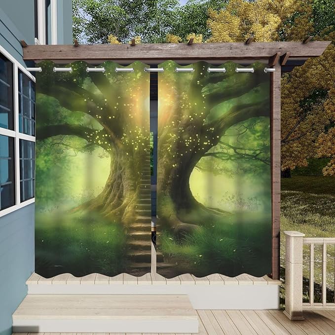 Fantasy Theme Outdoor Curtains for Patio Waterproof,Forest Pattern,Waterproof, Privacy, Grommet Curtains for Patio, Pergola, Porch, Deck, Lanai, Cabana,Set of 2 Panels,W54 x L108,Green