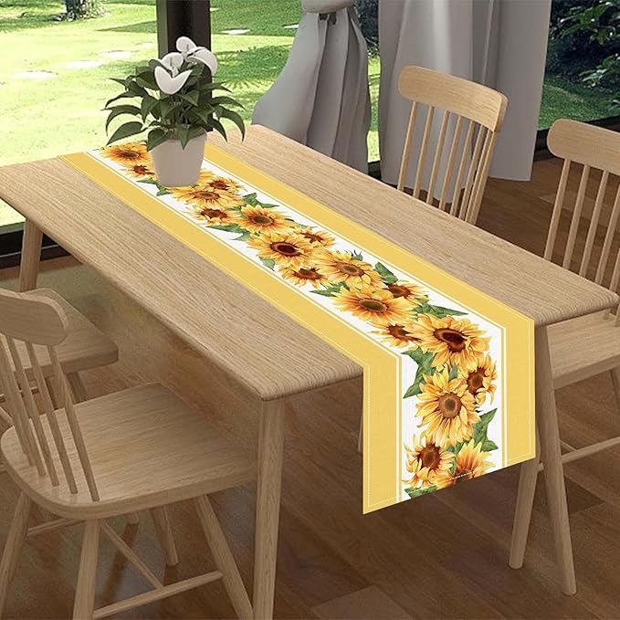 Yellow Sunflower Table Runner, Rustic Farmhouse Summer Sunshine Boho Floral Bee Rural Cottage Watercolor Decorations Table Decor for Home Kitchen Dining Patio Indoor Outdoor Cafe, 13"x36" Inch