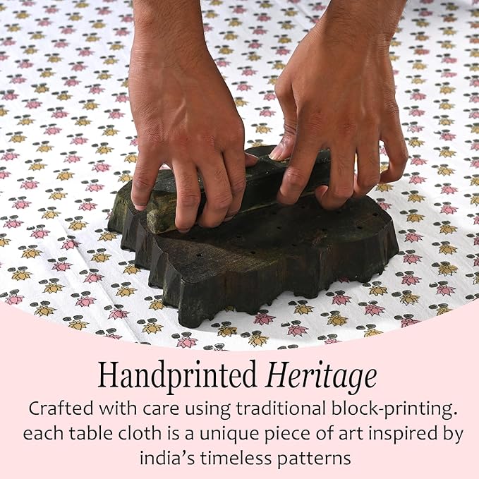CPC Rosette Bloom Tablecloth 100% Cotton 72x140 Inch Indian Block Print Rectangle Table Cover, Table Cloth for Gifting in Weddings, Halloween, Fall, Christmas, Thanksgiving