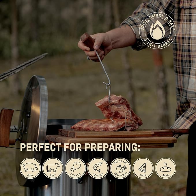 3-in-1 Stainless Steel Smoker Barrel Grill Premium– Portable Charcoal BBQ with Thermometer, 25 lbs Outdoor Cooking Smoker for Camping, Backyard & Home BBQ INGRILL