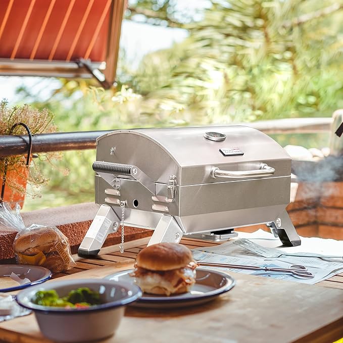 Stainless Steel Portable Grill with Two Handles and Travel Locks, Tabletop Propane Gas Grill with Folding Legs, 10000 BTU, for Picnic Cookout, GT2001, Silver