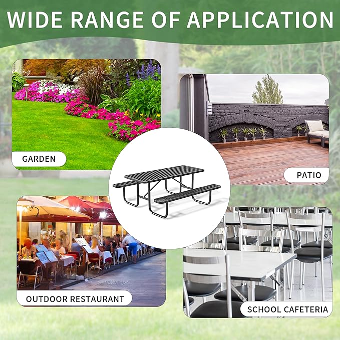 6FT Rectangular Metal Picnic Table for Outdoors, Commercial Steel Metal Picnic Tables, Heavy Duty Sturdy Picnic Tables Furniture Set for Patio Garden Courtyard BBQ, with Umbrella Hole, Black