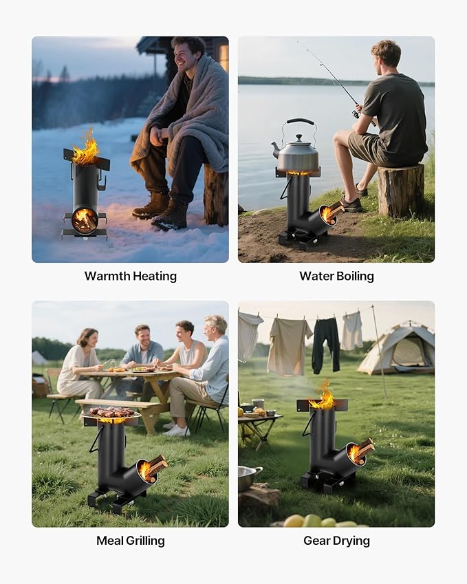 VEVOR Camping Rocket Stove, Wood Burning Portable Rocket Stove with Carrying Bag for Backpacking, Carbon Steel, Burn Wood, Twigs or Sticks for Outdoor Cooking, Backyard, Camp Cooking, Heating, Black