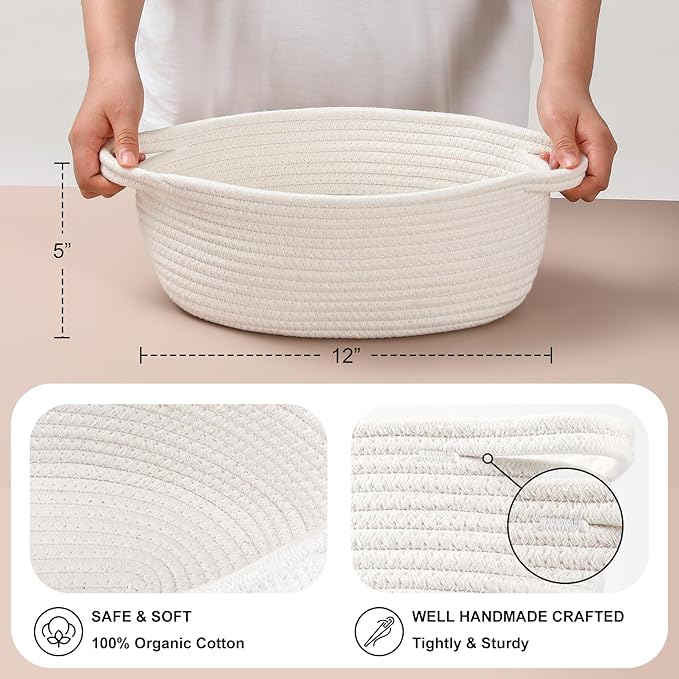 8 Pack Small Woven Basket with Gift Bags and Ribbons, All 12"x 8"x 5", Empty Decorative Gift Chest Box, Cute Baby Gift Basket for Nursery, Cotton Rope Room Shelf Storage Basket with Handles, White