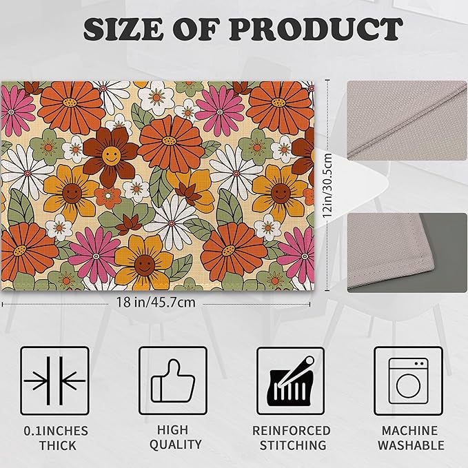 Retro 70s Groovy Flowers Placemats for Dining Table Set of 6,Hippie Daisy Place Mats for Home Party Kitchen Indoor Holiday Rustic Washable Heat Resistant Table Mats 12 x 18 Inch