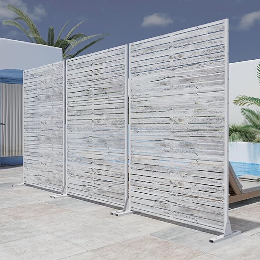 Casaphoria 72" H x 47" W Metal Outdoor Privacy Screen, Freestanding Decorative Divider for Patio, Deck, Balcony, and Garden with Stable Base, White-Veneer