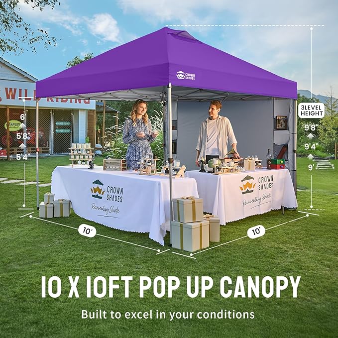 CROWN SHADES Canopy Tent 10x10 Pop Up Canopy Outdoor Shade with Pockets Sidewall, Easy Up Sun Shelter with One Person Set Up Center Lock, Portable Instant Camping Beach Canopy Tents, Purple