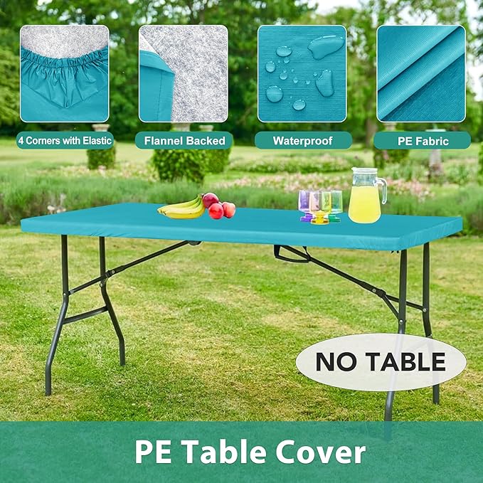LUSHVIDA 6 Packs Vinyl Tablecloths with Flannel Backing for 6ft Rectangle Folding Table Cloths - Waterproof Plastic Picnic Table Covers with Elastic Corners, 30x72 inch, Teal