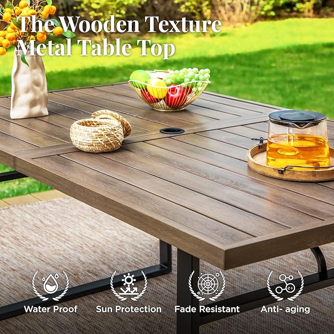 Outdoor Patio Dining Table for 6, Teak Rectangle Patio Table with Umbrella Hole, All Weather Wrought Iron Black Outdoor Table for Garden Backyard Lawn Yard